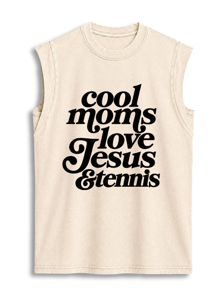 cool moms love Jesus & tennis Vintage Washed Cotton Tank Top