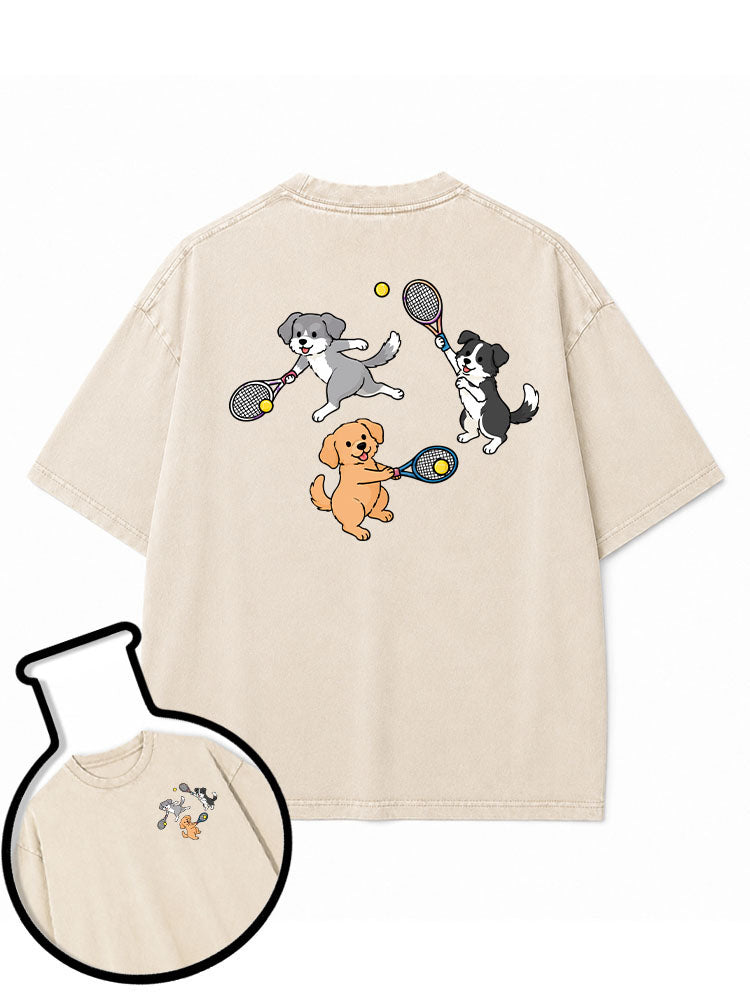 Dogs playing tennis Washed T-Shirt