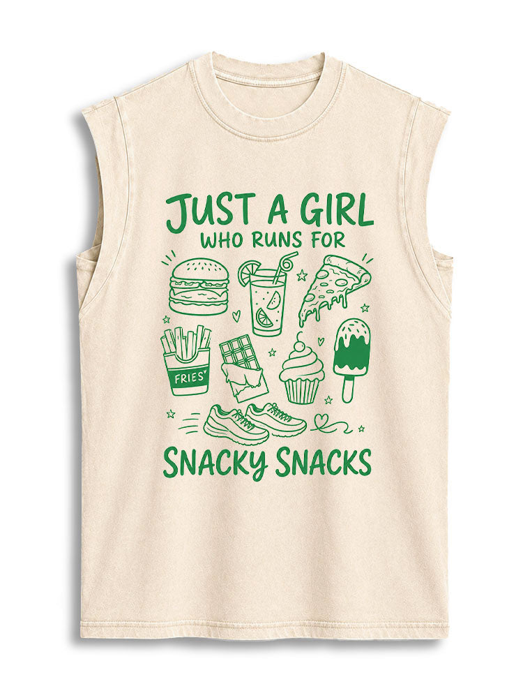 JUST A GIRL WHO RUNS FOR SNACKY SNACKS Vintage Washed Cotton Tank Top
