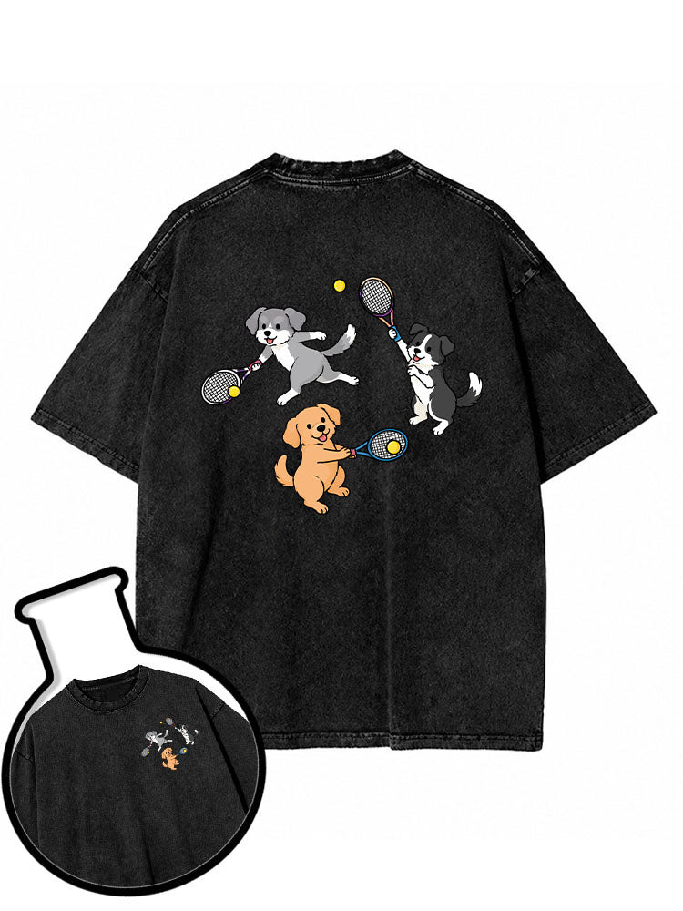 Dogs playing tennis Washed T-Shirt
