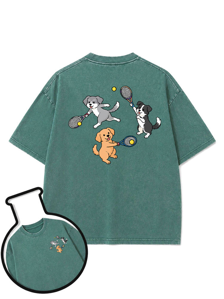 Dogs playing tennis Washed T-Shirt